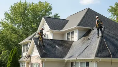 Roof cleaning service in Charlotte, NC removes algae and moss from a home exterior