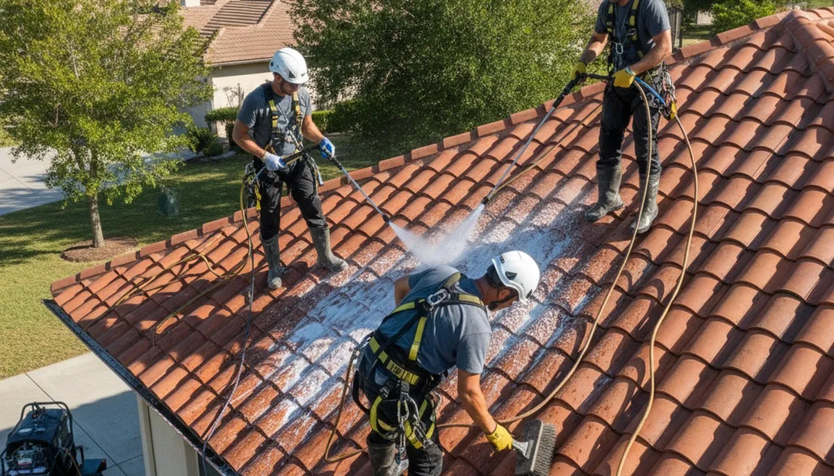 Roof cleaning service in Charlotte, NC removing algae, moss, and stains from a home exterior