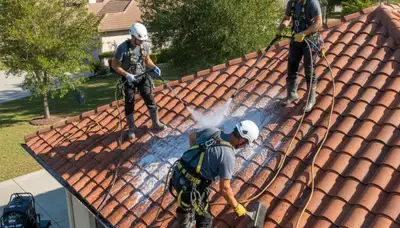 Roof cleaning service in Charlotte, NC removing algae, moss, and stains from a home exterior