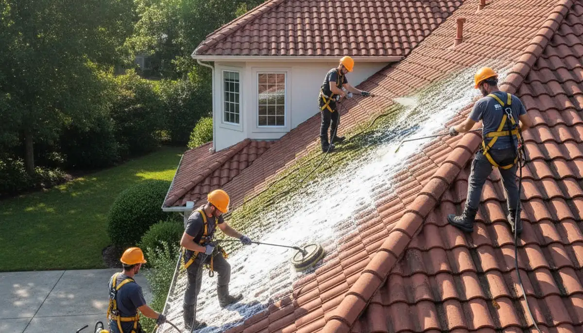 Roof cleaning in Charlotte, NC by FX Remodeling & Exteriors to remove algae, moss, and stains